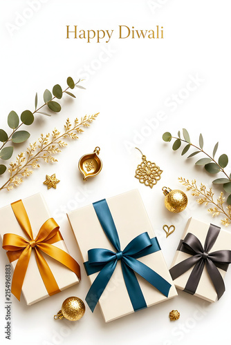 Happy Diwali wishes greeting card template, flatlay background, gift box with golden ribbon, festive decoration 