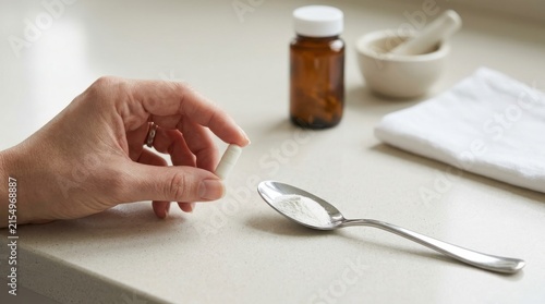 Hand holding a white capsule next to a spoon with powder and medicine bottle