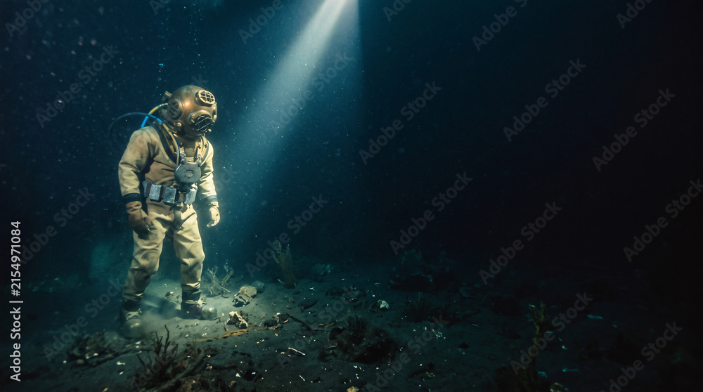 Fototapeta premium Deep Sea Explorer: A solitary diver, clad in vintage gear, descends into the inky depths, illuminated by a single beam of light, exploring the mysterious underwater world.