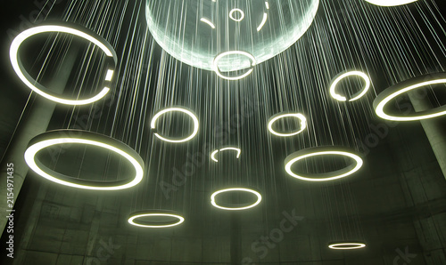 Floating Platforms: Circular stages suspended in a surreal, atmospheric backdrop. 
