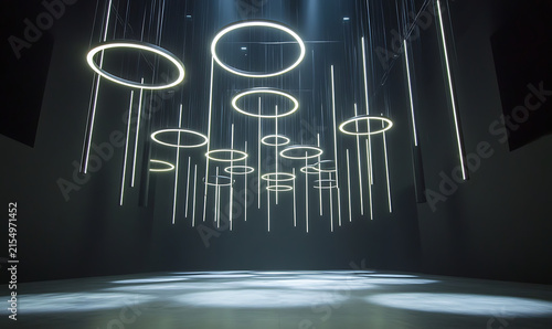 Floating Platforms: Circular stages suspended in a surreal, atmospheric backdrop. 