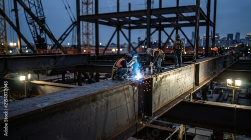 Industrial Infrastructure Construction. Ironworkers welding steel beams on a high-rise construction site at twilight, professional civil engineering project development.