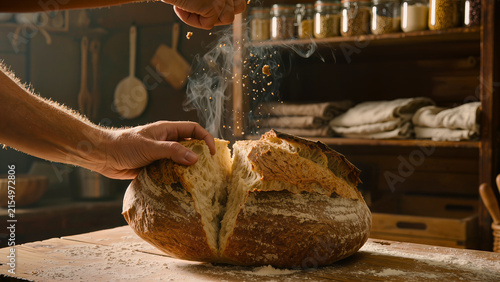 Artisan baker hands breaking fresh warm sourdough bread showing crispy textured crust and crumbs