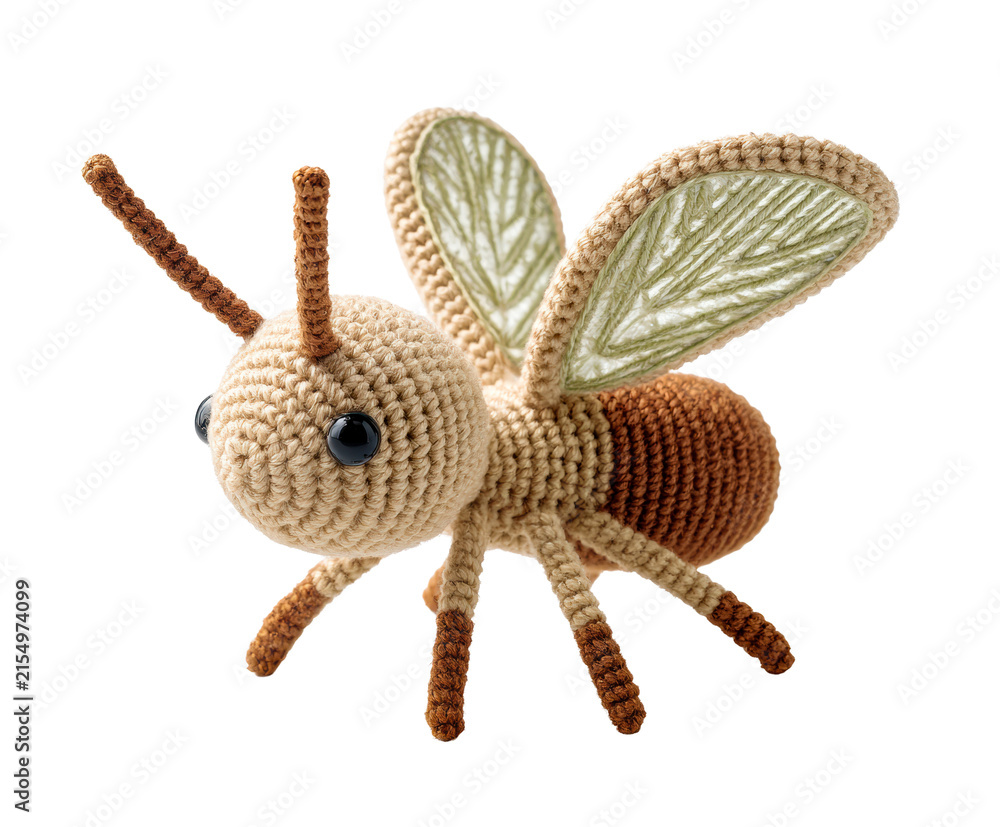 Fototapeta premium Crocheted insect, a charming handmade yarn creature with delicate wings and expressive black eyes, showcasing intricate craftsmanship.