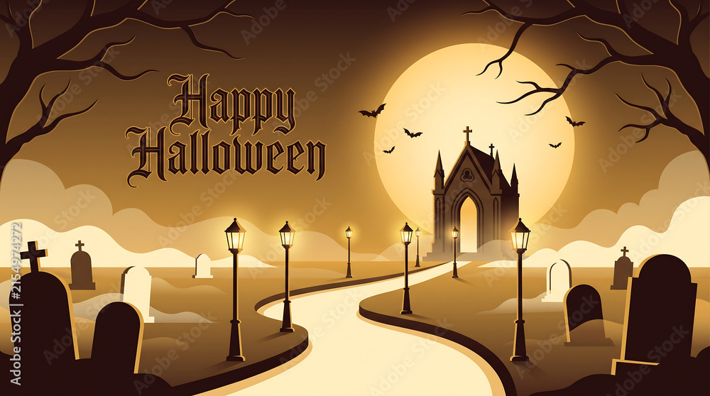 Naklejka premium Halloween illustration depicts a cemetery with a gothic chapel and a full moon