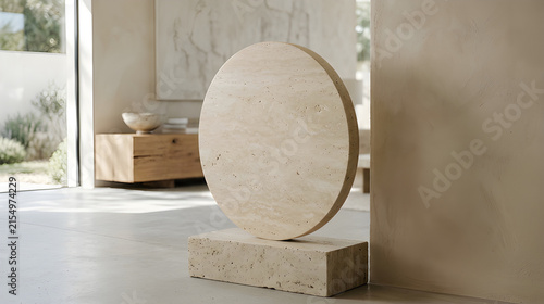 Minimalist Travertine Stone Disc Sculpture on Rectangular Pedestal, Wabi-Sabi Natural Beige Marble Ring Statue for Modern Living Room Interior Decor, Contemporary Tabletop Accent, Neutral Art Object
