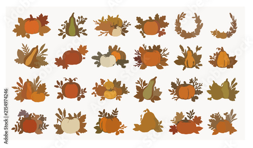 Cozy Fall Pumpkin Botanical Set with Leaves Berries and Harvest Decorations Vector