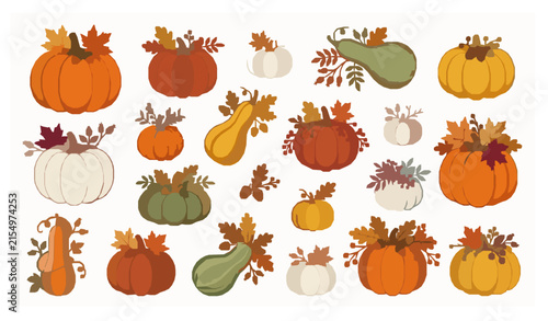 Autumn Pumpkins with Colorful Leaves and Berries Flat Vector Collection