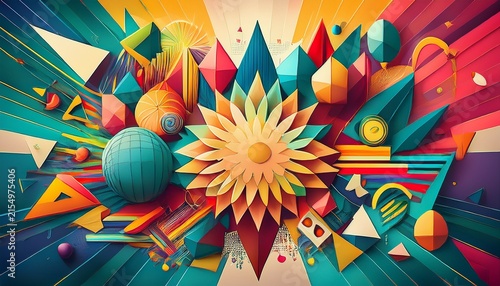 dynamic back to school background with a burst of colorful geometric shapes and symbols representing different academic subjects generative ai