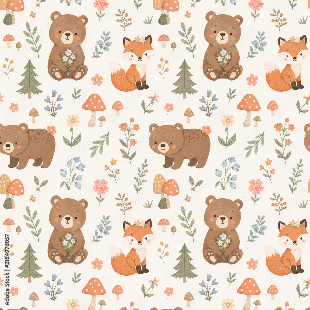 Naklejka premium Cute Woodland Animals Seamless Pattern for Nursery and Kids