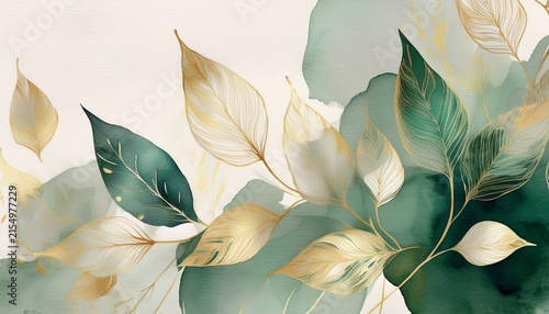 faded green and beige watercolor leaves with golden ink details on textured paper