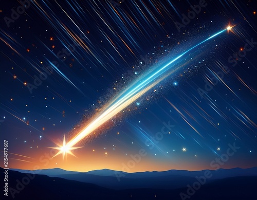 abstract shooting star on a clean night sky background with a subtle trail of sparks
