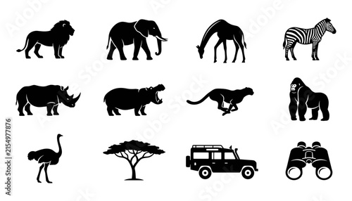 Canvas Print Set of african safari animals, tree, offroad vehicle and binoculars silhouettes