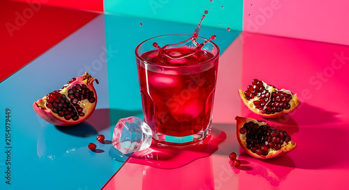Vibrant pomegranate juice splashing in glass with fresh fruit segments on colorful geometric