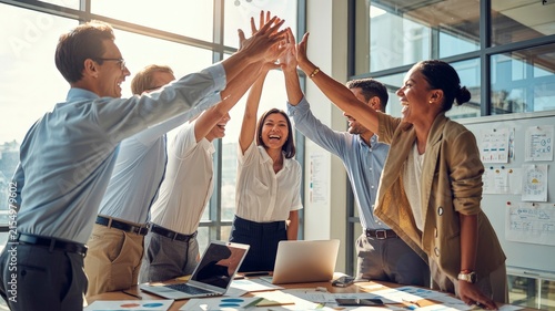 Teamwork High-Five: A group of diverse business professionals celebrates a successful project with a joyous high-five, showcasing collaboration and team spirit in a bright, modern office environment.