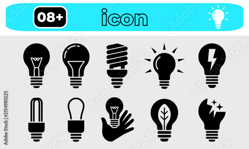 Set of black light bulb icons representing ideas and energy