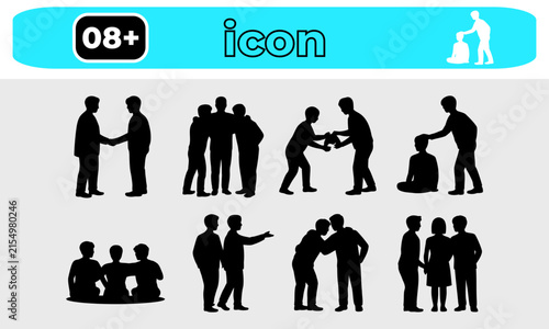Set of black silhouette icons showing human interaction and support