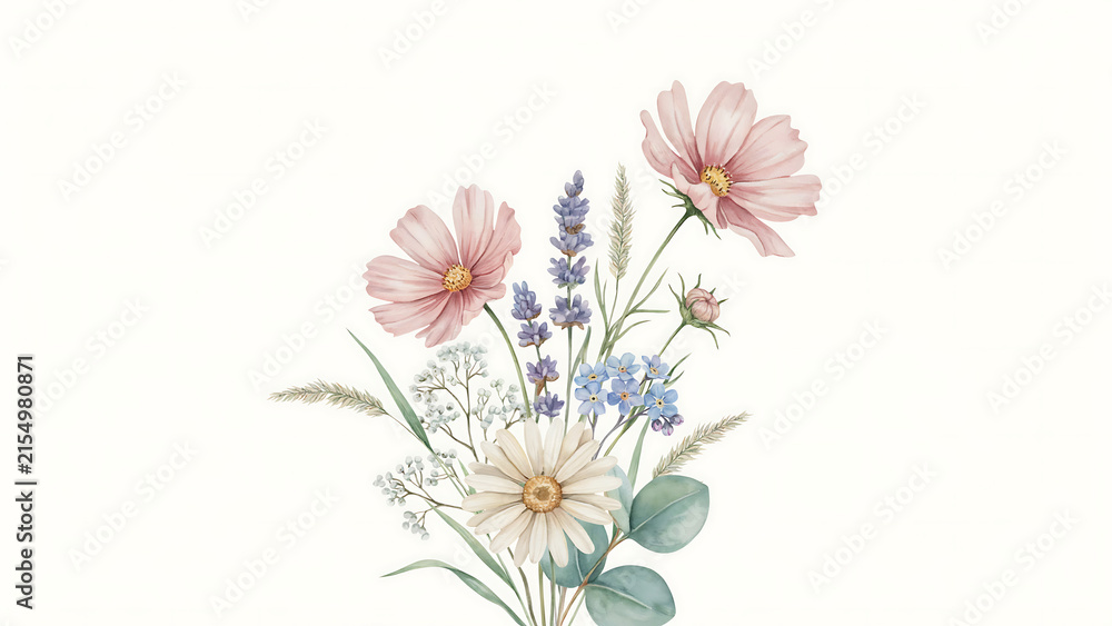 Obraz premium Watercolor bouquet of pink cosmos, white daisies, and lavender isolated on a transparent background