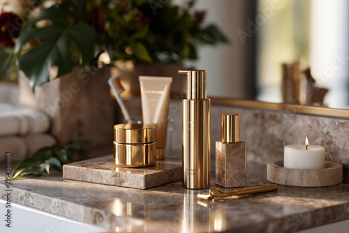 Spectacular and vivid representation of Sophisticated makeup vanity featuring premium cosmetic containers and natural travertine accessories, clean editorial composition,, showcasing incredible
