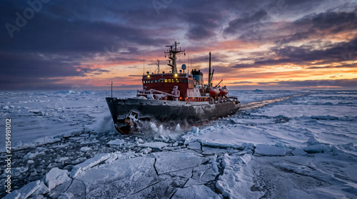 Icebreaker Ship Navigating Frozen Arctic Waters at Sunrise: A powerful icebreaker ship carves its path through a frozen sea, surrounded by jagged ice floes under a dramatic sunrise sky.
