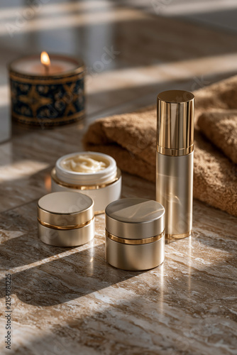 A breathtaking and highly detailed view of sophisticated arrangement of blank skincare products on polished travertine with elegant soft shadows, luxury advertising aesthetic,