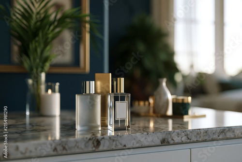 Spectacular and vivid representation of sophisticated dressing table featuring frosted glass cosmetic bottles and polished marble accessories, bright Scandinavian interior, soft daylight,