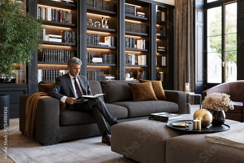 Beautiful and intricate composition showing stylish residents enjoying a beautifully designed living room featuring wall-mounted bookshelves, refined decor, natural sunlight, luxury lifestyle