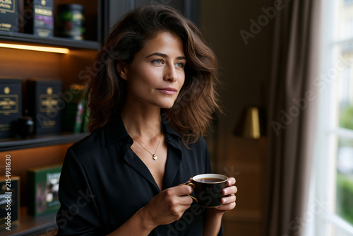 Stunning high-resolution capture featuring Woman enjoying coffee beside a wall-mounted bookshelf with contemporary design, elegant residential setting, soft natural light, luxury interior photography,