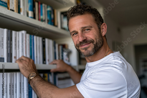 Scenic and perfectly framed perspective of young professional organizing books on a modern wall bookshelf, contemporary apartment interior, clean composition, bright natural lighting, commercial stock