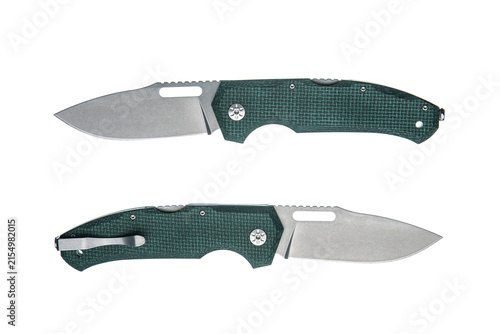 Fotografía Two open green folding pocket knives isolated on white back