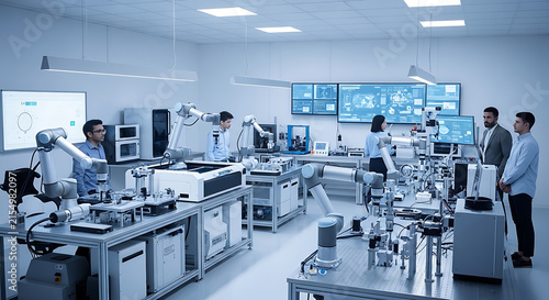 Diverse professionals collaborating in advanced robotics laboratory environment