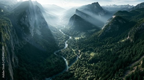 Hidden alpine valley where cliffs, rivers and forests naturally align into enormous geometric proportions visible only from a high aerial perspective. Dramatic terrain reveals a remarkable natural pat