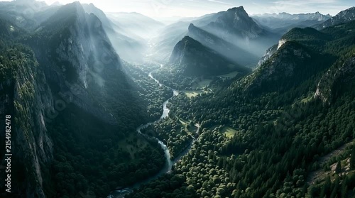 Hidden alpine valley where cliffs, rivers and forests naturally align into enormous geometric proportions visible only from a high aerial perspective. Dramatic terrain reveals a remarkable natural pat