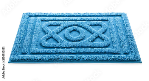 Bright blue textured rectangular bath mat with geometric embossed pattern