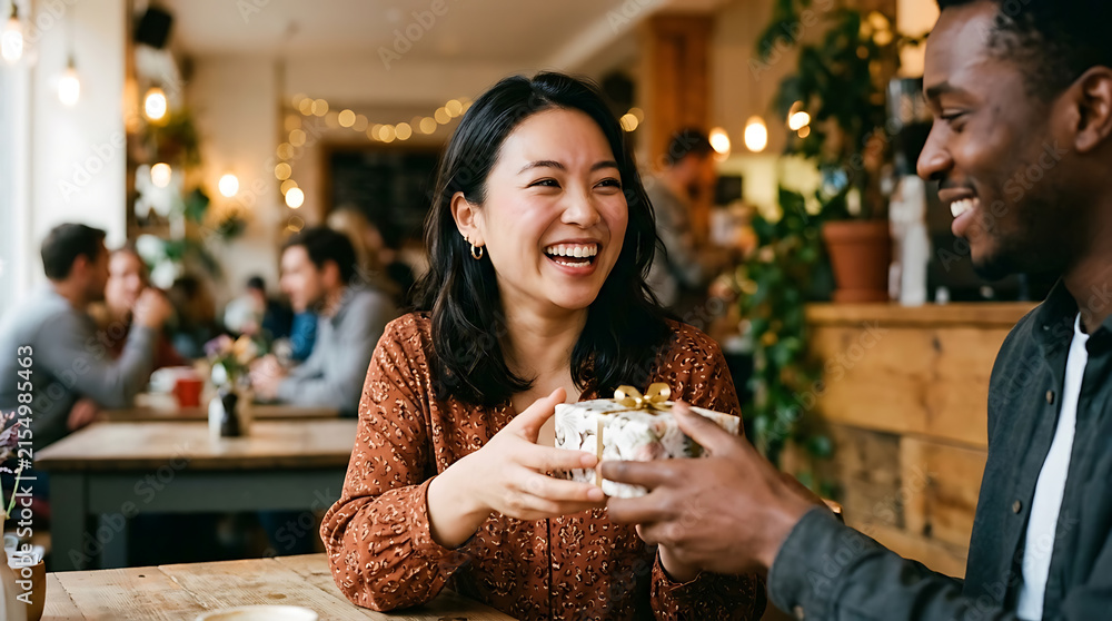 Fototapeta premium Diverse friends joyfully exchange a gift in a cozy cafe celebrating connection and generosity Diverse people exchanging gifts