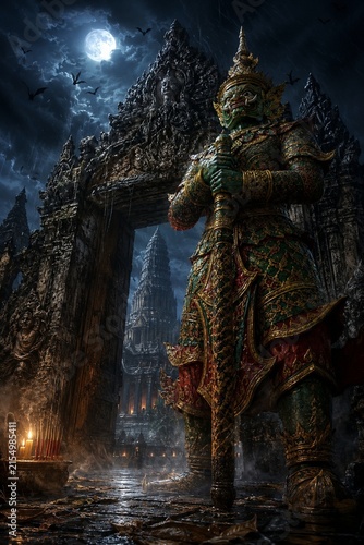 Ancient Giant Guardian at Haunted Temple Gate