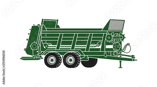 Green agricultural manure spreader trailer isolated on plain white background for farm equipment