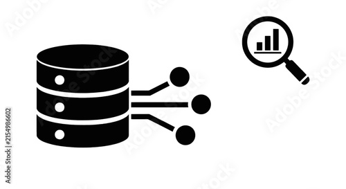 Vector illustration of database server with data nodes and analytics search icon on a transparent background