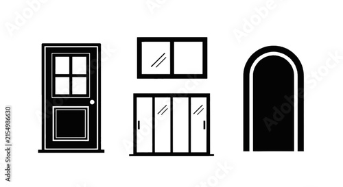 Vector illustration of set of doors and window icons on a transparent background