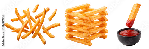 Collection of various french fries compositions and ketchup isolated on a white and transparent background.