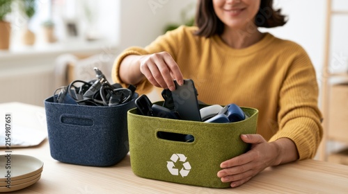 Home electronic waste recycling concept with e-waste collection bin and recycling symbol for environmental background and campaign design