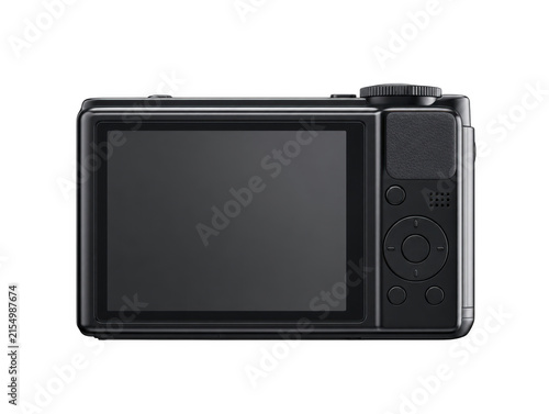 Black digital compact camera back view as isolated on transparent background