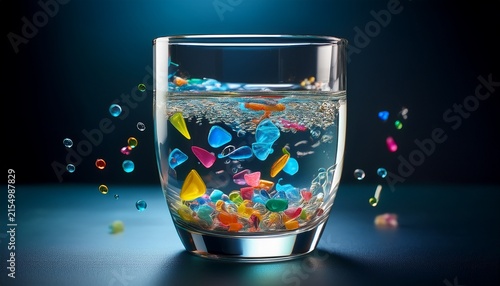 glass of drinking water containing suspended microplastics