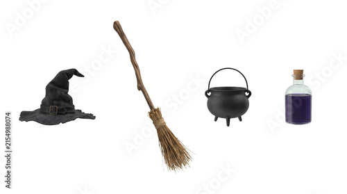 Obraz na płótnie A collection of magical witch items including a pointed hat a wooden broomstick