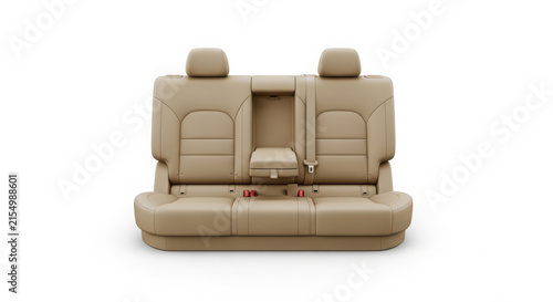 Beige leather rear car seats featuring foldable center armrest with integrated seatbelts and adjustable headrests presented on a clean white background for automotive design projects
