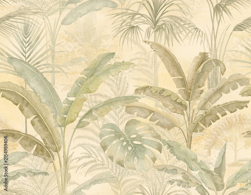 Tropical jungle leaf wallpaper pattern in soft beige tones