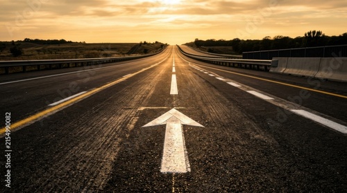 Endless Highway Leading Towards a Golden Sunset With Arrow