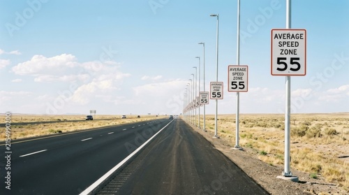 Endless Highway With Speed Limit Signs And Distant Cars Under Blue Sky
