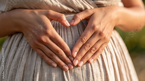 Pregnant woman making heart shape with hands on belly warm sunlight