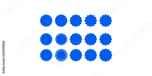 A large collection of fifteen blue scalloped and wavy circular shapes, including some with outline borders, for badges.
